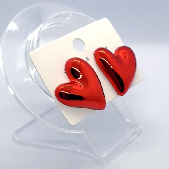 Cute Puffy Red Metallic Heart Shaped Stud Earrings Valentine's Day Jewelry New - Picture 6 of 7